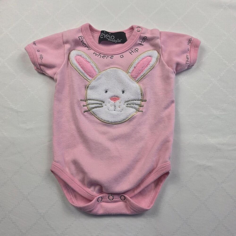Mud Pie EIEIO Bodysuit Pink Bunny Hip Hop Girls 0-6 Months 100% Cotton